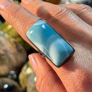 Larimar ring, sterling size 7, stone domed, 1.25x0.6”